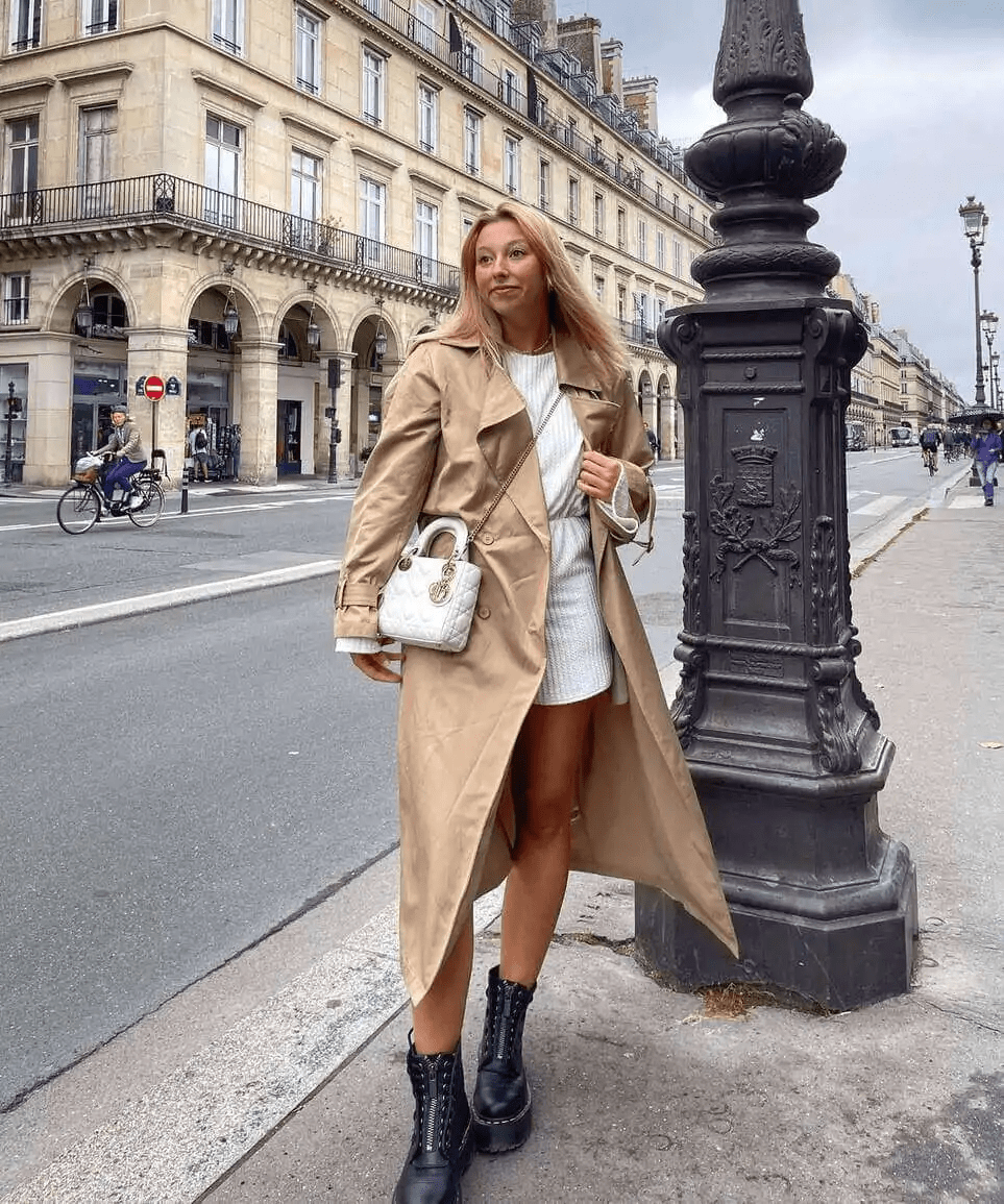 Trench Coat, Sweater Set, and Combat Boots