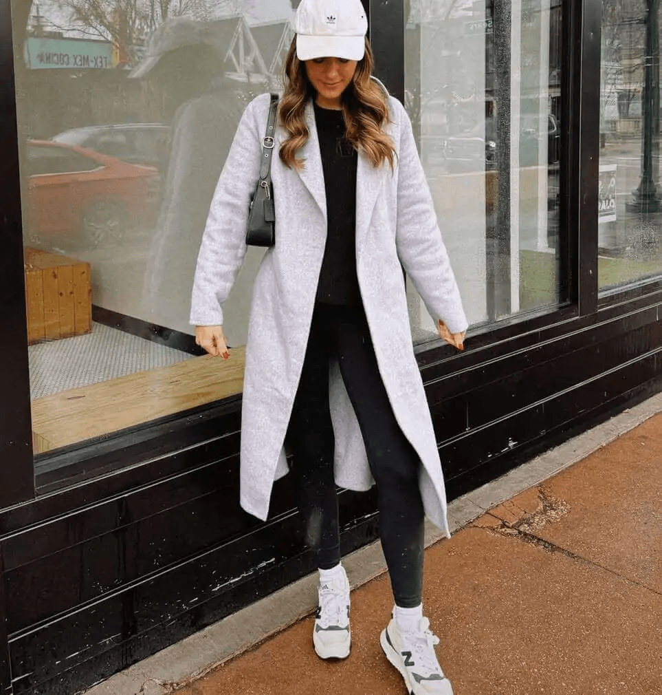 Long Coat, Leggings, and Sneakers