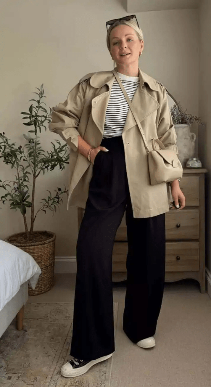 Trench Coat, Striped Tee, and Wide-Leg Pants