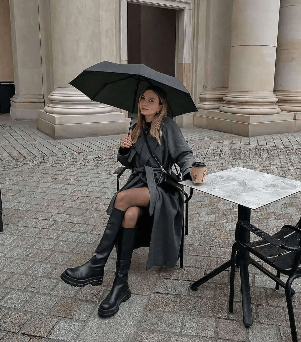 Long Coat, Knee-High Boots, and Umbrella