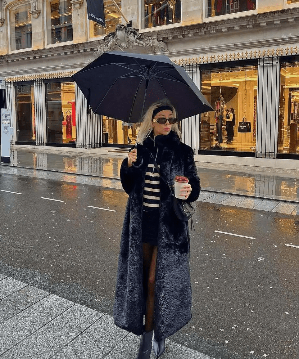 Faux Fur Coat, Striped Sweater, and Mini Skirt