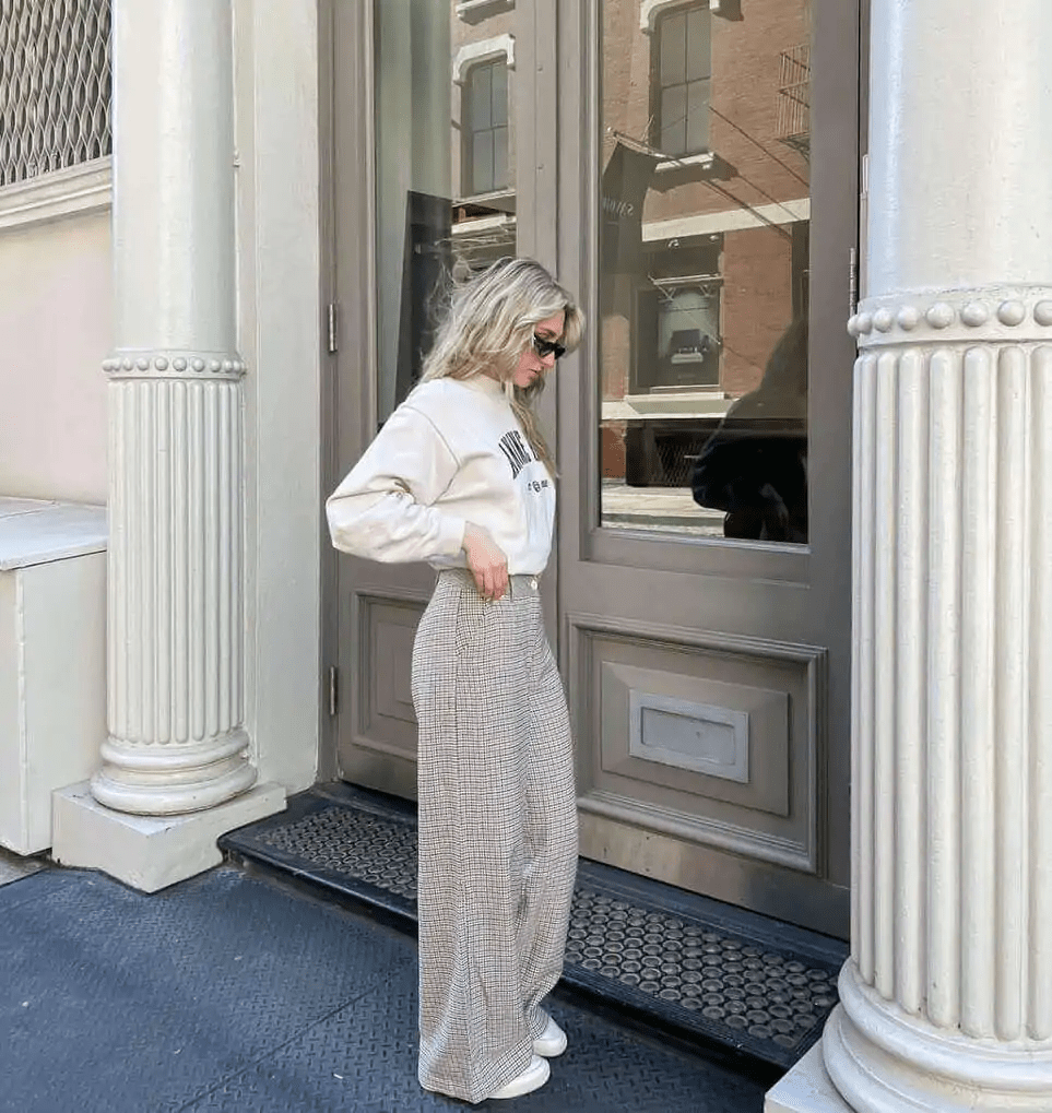 Graphic Sweatshirt, Wide-Leg Pants, and Sneakers