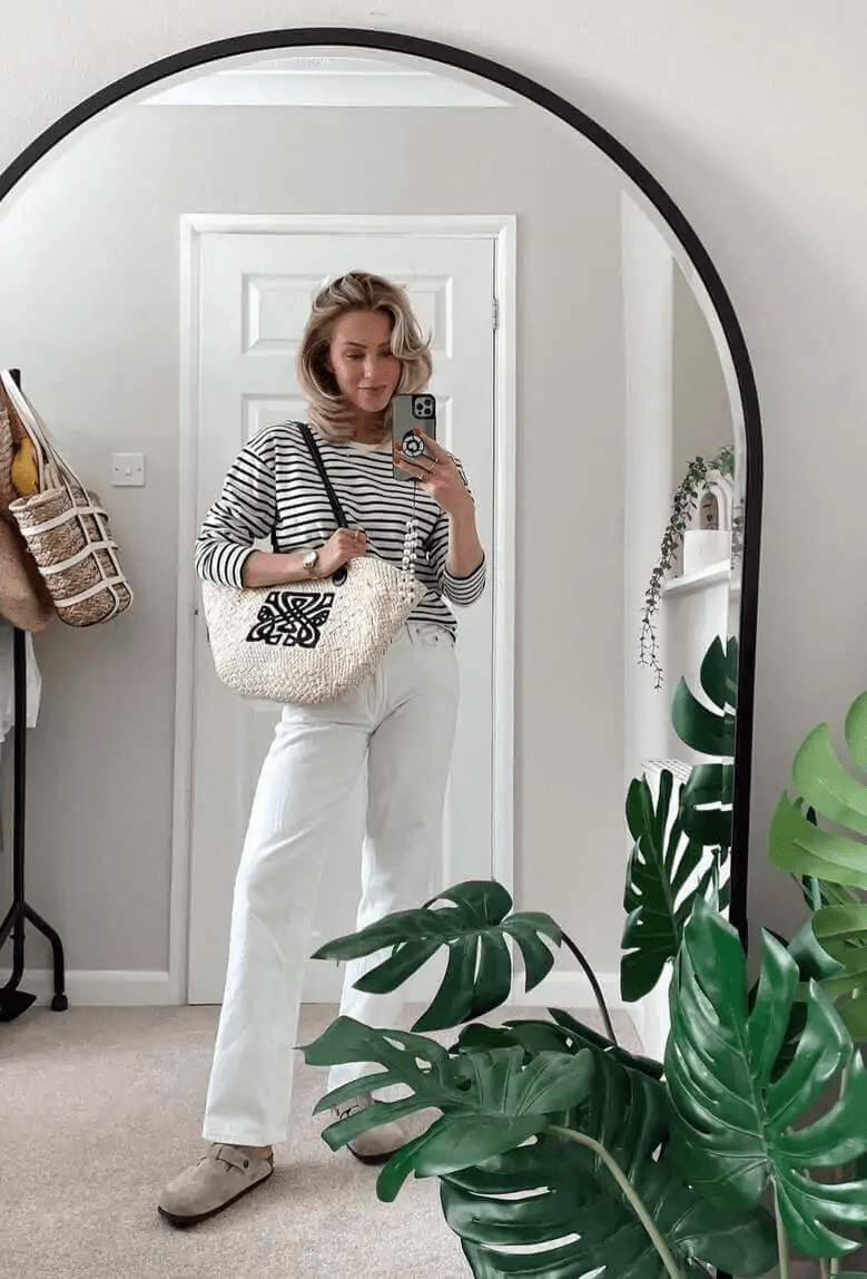 Striped Top, White Jeans, and ClogsI