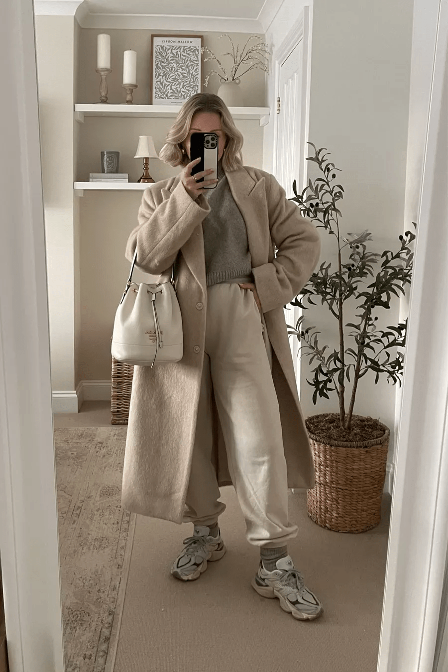 Cream Coat and Joggers for a Polished Look