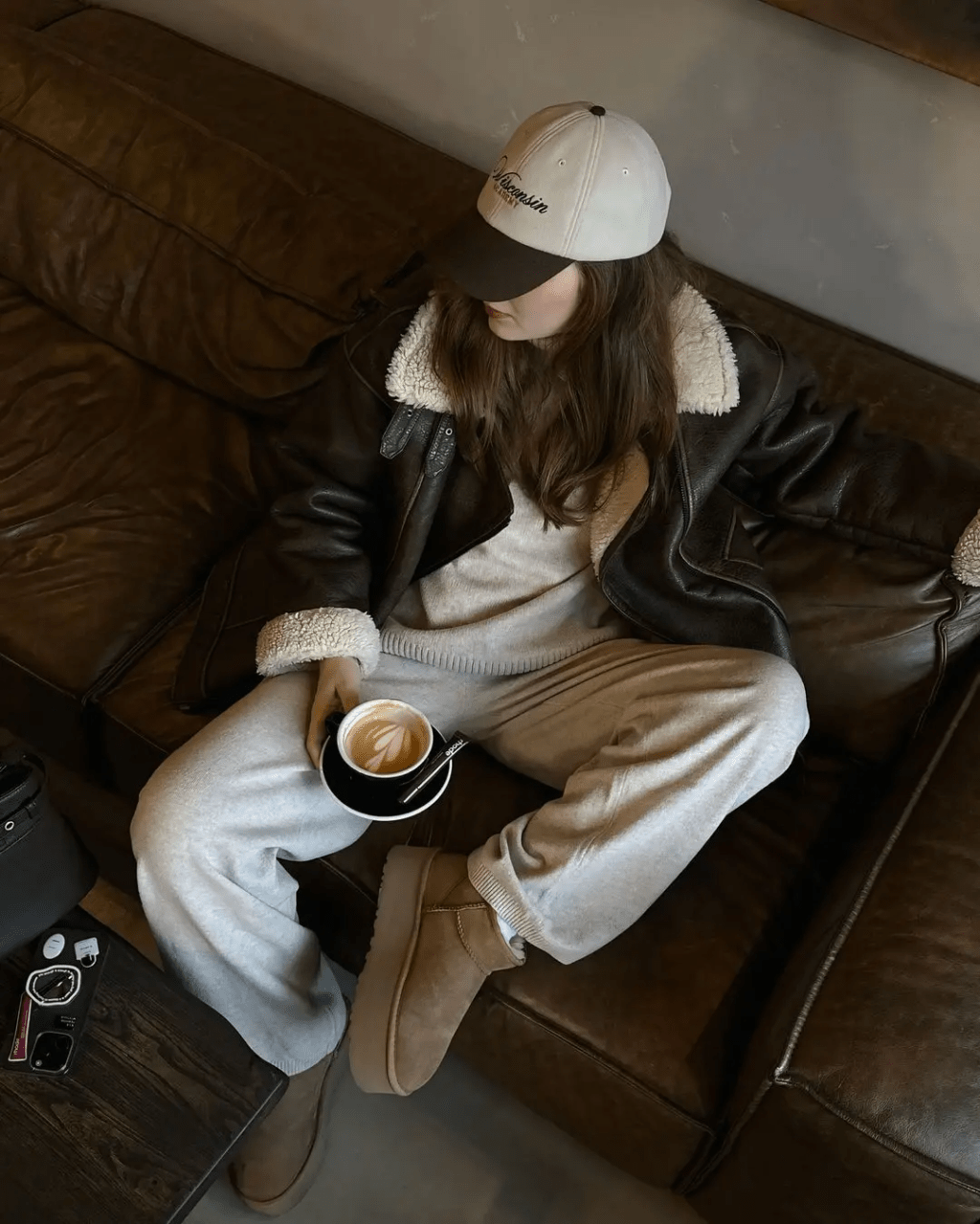 Vintage Style with Shearling Jacket and Grey Sweatpants