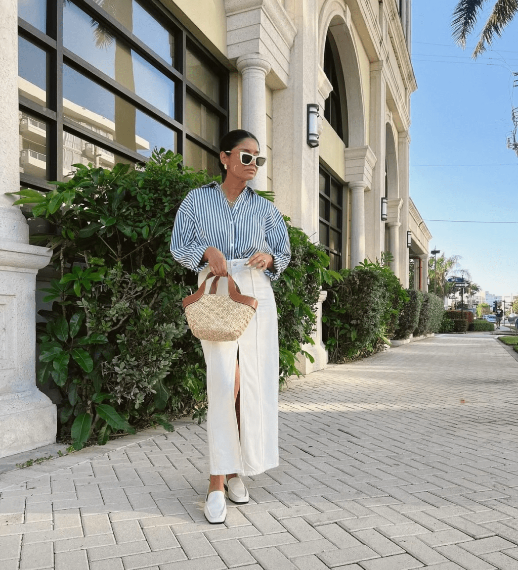 Striped Button-Down with Long Jean Skirt