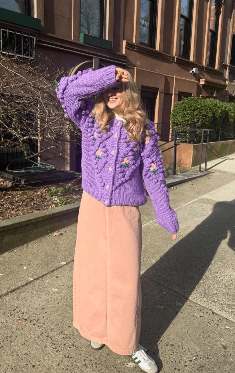 Pink Jean Skirt with Lavender Sweater