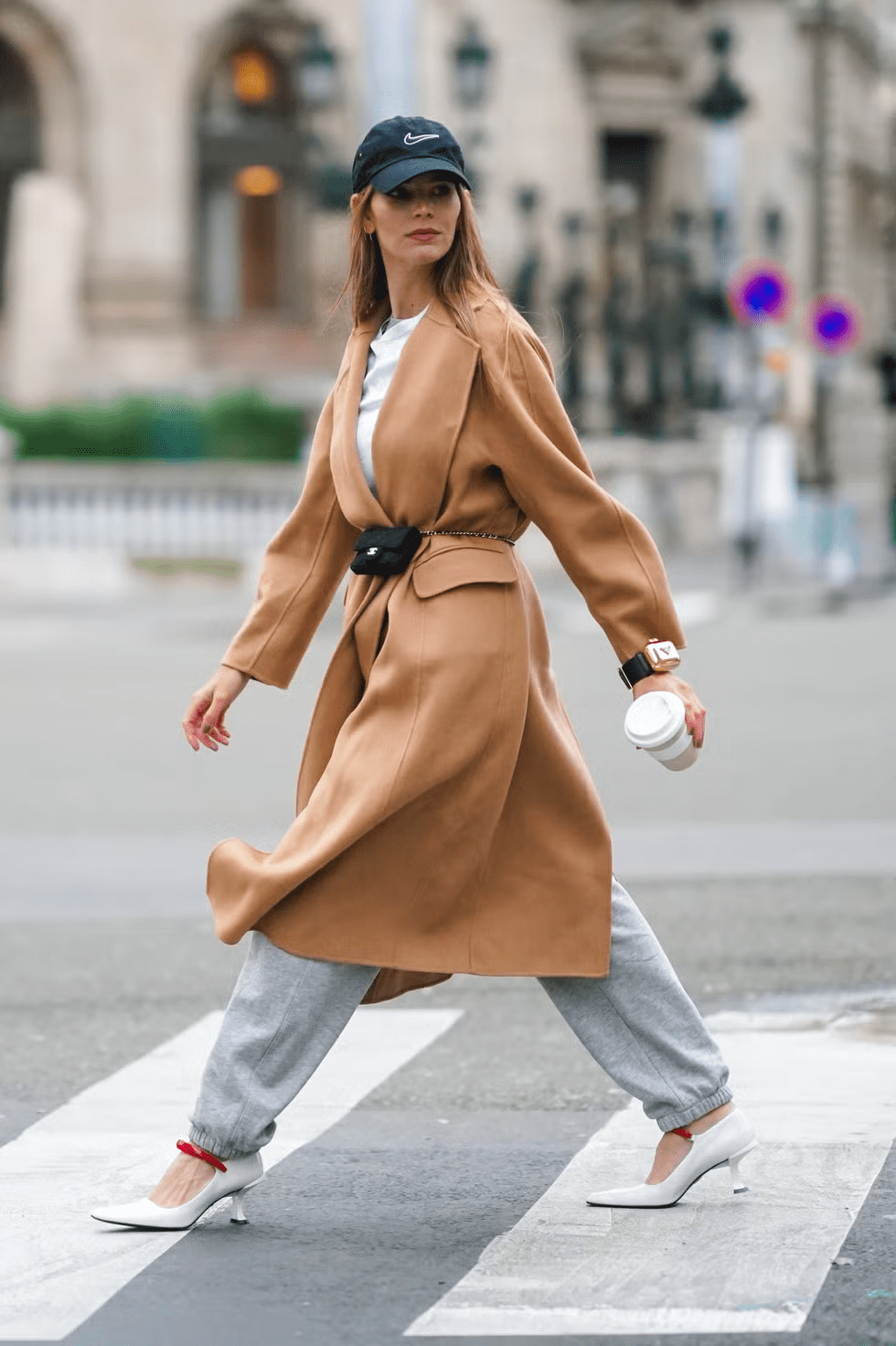 On-the-Go Chic with a Baseball Cap and Camel Coat