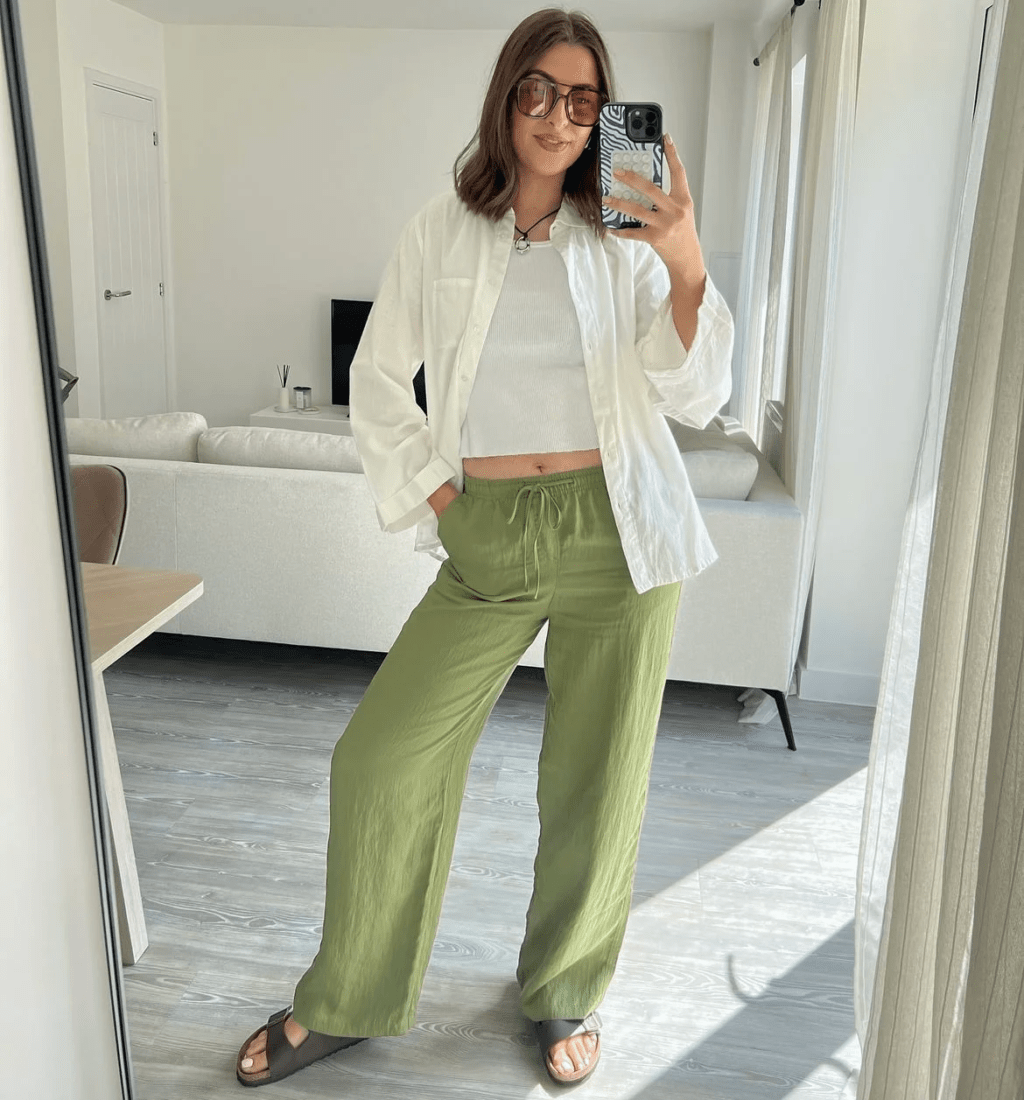 Green Linen Pants and White Top