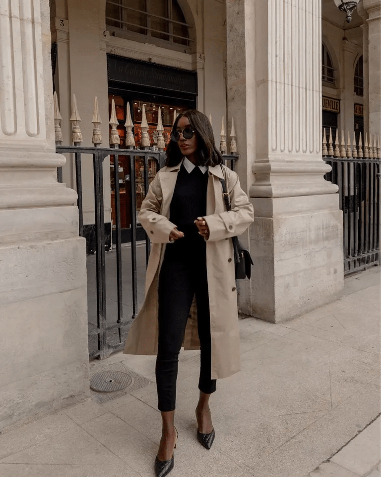 Trench Coat with Skinny Pants and Court Shoes