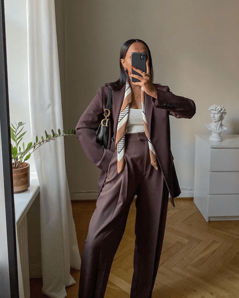 Brown Suit with Ribbed Tank and Silk Scarf