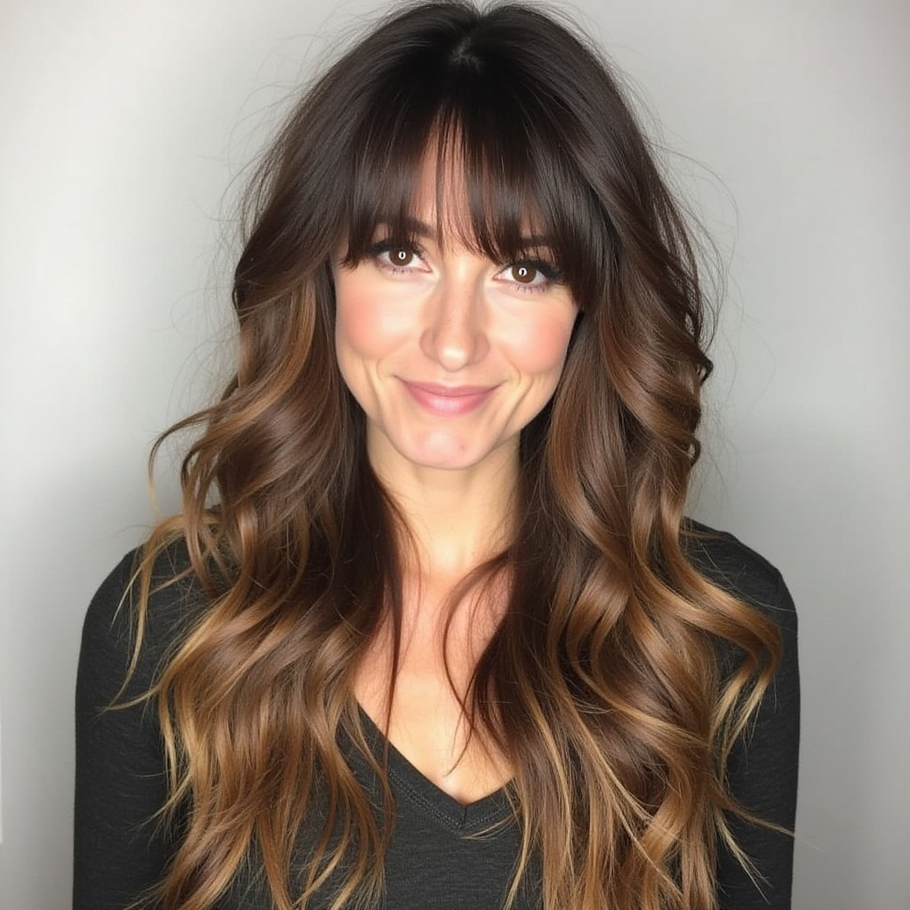 13. Long, Wavy Hair with Wispy Bangs