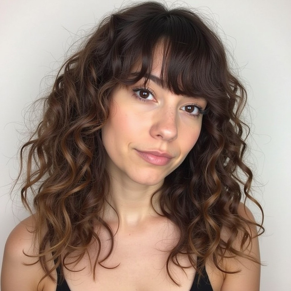 16. Soft Curls with Curtain Bangs